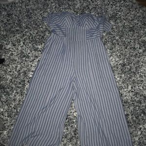 a blue and white striped romper.